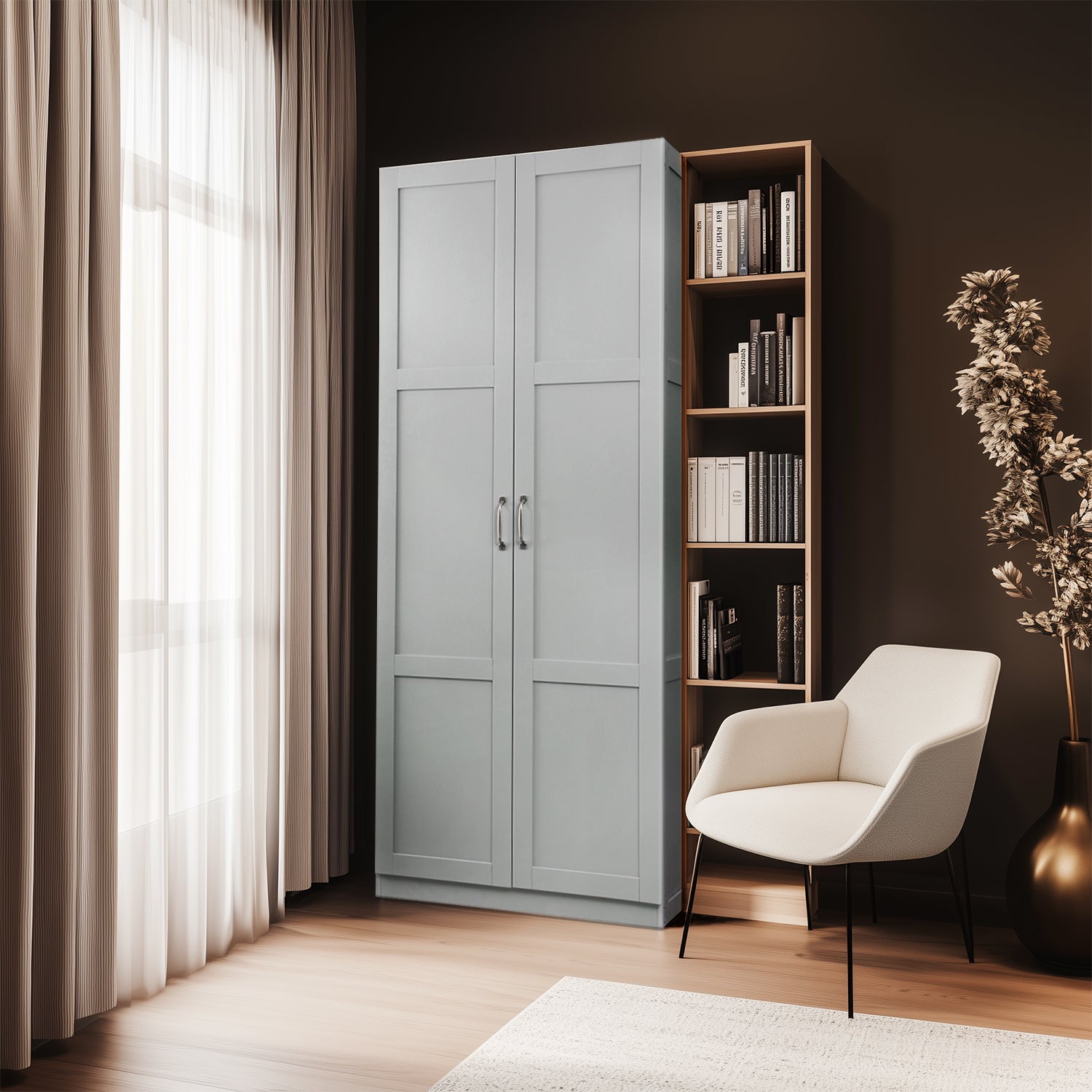 VinylnVine Select Storage Cabinet with Adjustable Shelves, Pantry Cabinet in Ivory White Wood Grain PU Paint Finish, Easy Assembly