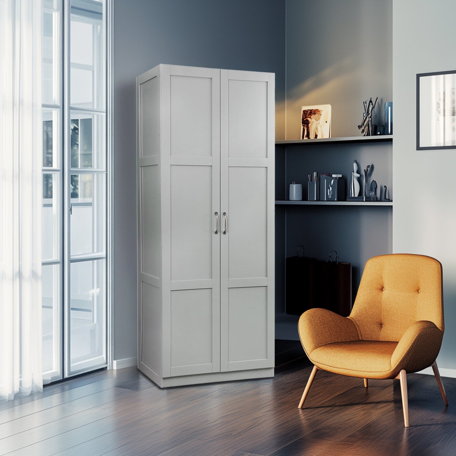 VinylnVine Select Storage Cabinet with Adjustable Shelves, Pantry Cabinet in Ivory White Wood Grain PU Paint Finish, Easy Assembly