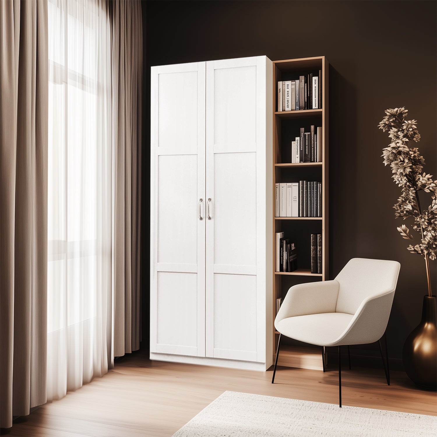 VinylnVine Select Storage Cabinet with Adjustable Shelves, Pantry Cabinet in Ivory White Wood Grain PU Paint Finish, Easy Assembly