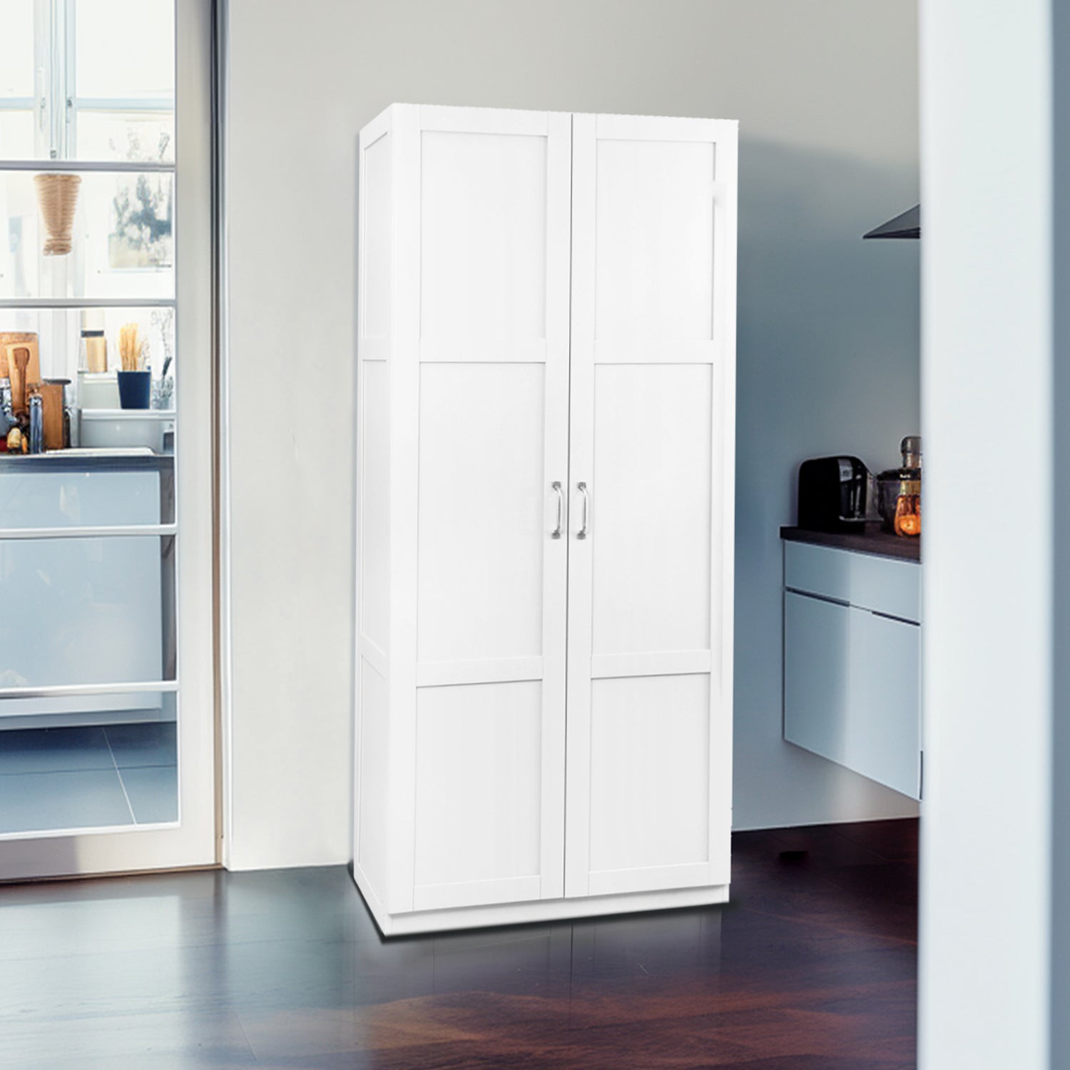 VinylnVine Select Storage Cabinet with Adjustable Shelves, Pantry Cabinet in Ivory White Wood Grain PU Paint Finish, Easy Assembly